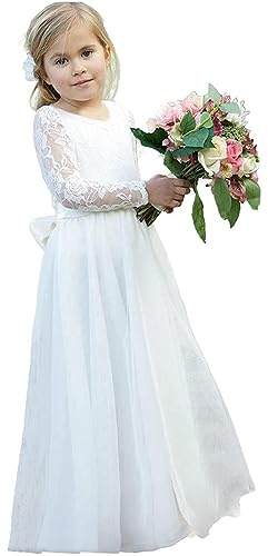 PLWEDDING Fancy Spitze Blumenmädchen Kleid für Hochzeit Mädchen A -Line Erstkommunion Kleider(8,weiß)