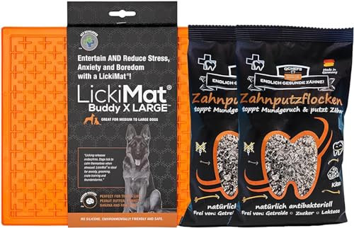 QCHEFS Lickimat Buddy XL & 2er ZAHNPUTZFLOCKEN als Zahnpflege für Hunde erst Mundgeruch-Zahnstein-Zahnfleischentzündung Weg- mit Präbiotika die Probiotika unterstützen