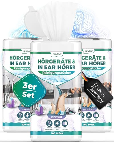 Qindoo 300x Reinigungstücher für Hörgeräte Reinigung für Kopfhörer, Headset, Ohrstöpsel In-Ear Reiniger Tuch, feucht (3x Dose)