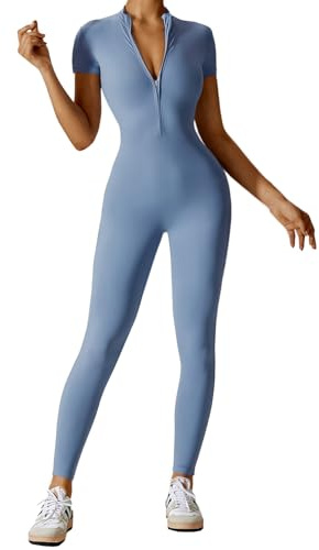 Litthing Mono de Yoga Mujer Ropa Deportiva con Cremallera Mangas Cortas Traje Una Pieza Jumpsuit Sexy Elásticos Largo Body Overol de Gimnasio Entrenamiento Fitness Running