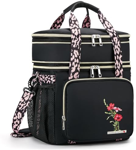 HSHRISH Large Insulated Lunch Bag for Woman, Double Layer Insulated Large Cooler Bag for Women Adults Waterproof Leakproof Durable Lunch Bag for Work Outdoor Picnic 16L, Black-Flowers