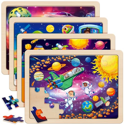 SYNARRY Wooden Jigsaw Puzzles for 3 4 5 Year Olds, Space Toys for Kids | 4 Packs 24 Piece, Educational Toys Gifts, Solar System for Kids, Birthday Present for Boys