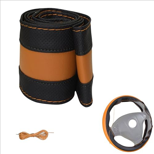 Lenkradbezug Pu Leder, Auto Lenkradhülle zum schnüren Nähen mit Nadel und Faden Spezial Sport Design M3 Schwarz Orange Universalgrösse 37-38 cm