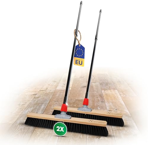 Novaliv Lot de 2 grands balais de 60 cm avec manche télescopique - Poils synthétiques - Balai fin - Avec manche - Balai industriel - Balai d'intérieur - Balai d'intérieur - Grand
