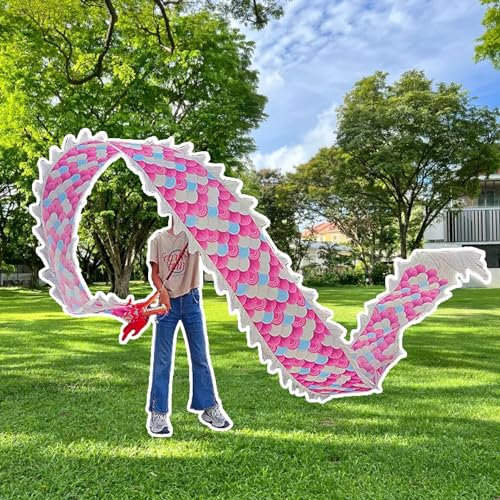 EXCLURA Jongliertücher 2m/ 3m/ 5m Drachen-Poi mit Kindern, Rosa-weißer Seidenartiger Drachenband-Streamer, Schleudernde Drachentanz-Drachenspiele, Drachenspielzeug für Den Rasen(Size:2 m (6.6 ft))