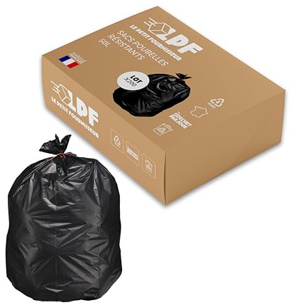 LPF LE PETIT FOURNISSEUR - Lot de 200 Sacs Poubelle 50L - Sacs Grand Volume - 100% Recyclable - 35µ - PEBD recyclé - Qualité Professionnelle - Haute Résistance poids et objets coupants - Couleur Noir