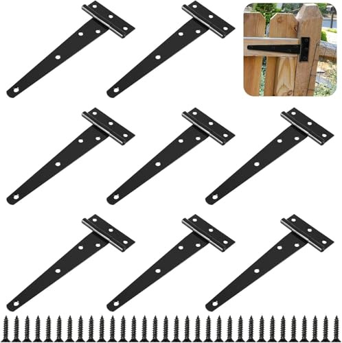 Abaigeal 10 PCS Heavy Duty T Hinges with Mounting Screw, 6 Inch (150mm) T Strap Black Door Hinges Rustproof Garden Gate Hinges Fitting for Gate Hardware, Shed Doors, Barn Doors