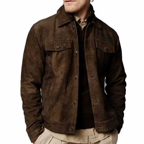 Herren-Wildlederjacke, echtes Lammfell, Wildleder, lässige Lederjacken für Herren, Trucker-Mantel für Herren, Dunkelbraun, XS