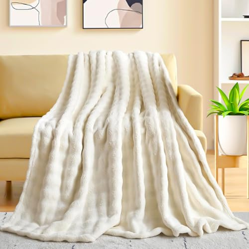KOIUEYW Weiß Kuscheldecke, Warme Kuschelige Sofadecke Kuschelig Couch Decke Wohndecken, Flauschige Blanket Streifen Design Kuschelige Decke für Sofa Wolldecken für Couch, 70 x 100 cm