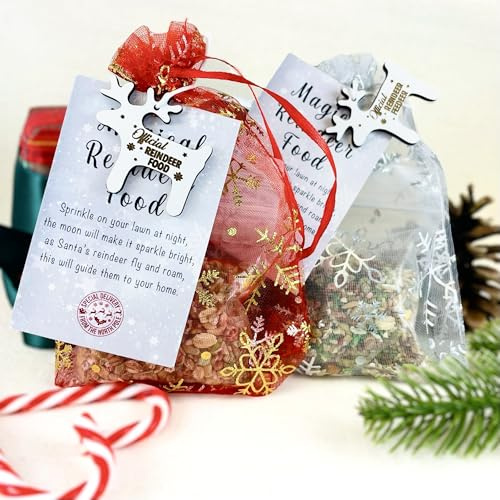 Fuzzy Cactus Magical Reindeer Food - Bag, Food & Charm - Father Christmas Eve Box Stocking Filler Magic Kids Tradition - Wildlife Friendly Bird Seed (Red Bag)