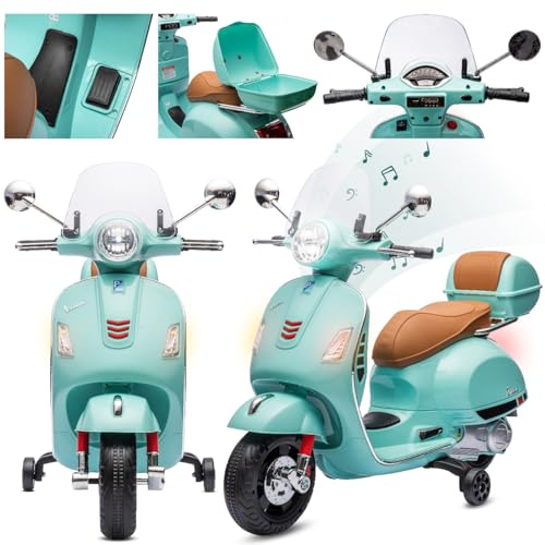 Vespa Elektro Kindermotorrad ab 3 Jahren mit Kunststoffräder und -sitze, Kofferraum, MP3-Player, USD MicroSD AUX-Anschluss. Elektroroller, Kinderroller (Turkis) | Räder und Sitz aus Kunststoff, MP3-Player, AUX MicroSD USD, praktische Aufbewahrung, spielerisches und interaktives Fahren