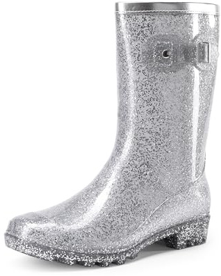 DREAM PAIRS Gummistiefel Damen Halbhoch Stylisch Glänzend | Glitzernden Details, Rutschfester Sohle, Weiter Gerader Schaft, Pflegeleicht, Ideal für Spaziergänge, Festivals und Regentage