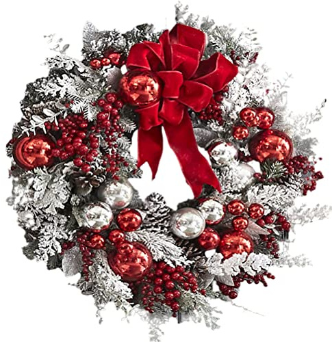 Weihnachtskranz, Rote und Weiße Dekorationen mit Tannenzapfen und Roten Beeren, 40 cm, Kunststoff und Beflockung, Türdekoration für den Innen- und Außenbereich