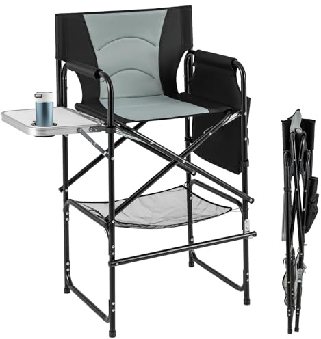 COSTWAY Directors Chairs Folding Camping Chair, Steel Picnic Seat with Armrest and Cup Holder, Portable Beach Chairs for Lawn Patio Fishing (with Footrest, Black+Gray)
