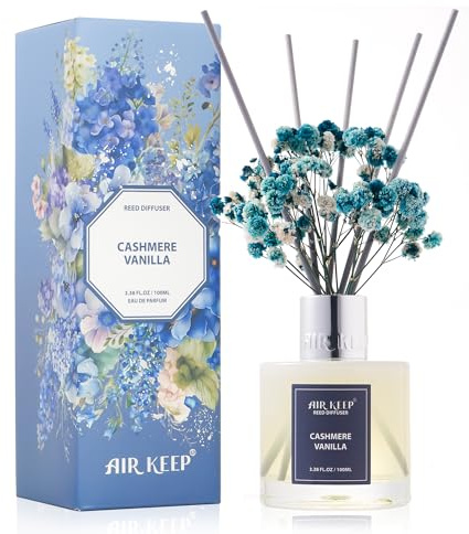 Airkeep Reed Diffuser Set,3.38 fl oz (100 ml) - Cashmere Vanilla Oil Diffusers with 8 Reed Sticks, Home Fragrance Reed Diffuser for Bathroom Shelf Decor