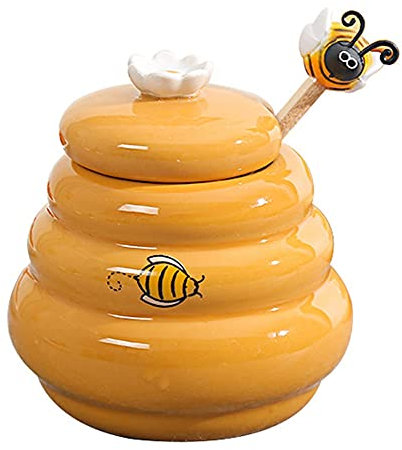 Swiixxer Ceramic Beehive Honey Pot and Wooden Dipper Honey Jar with Lid Honey Stir Bar for Honey Jar Supplies Kitchen Accessories