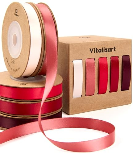 Vitalizart Rote Serie Satinband für Handwerk 0,95 cm x 45,7 m Geschenkband | Doppelseitige Dekoband Stoff für Geschenkverpackungen, Schleifen Machen, Brautstrauß, Dekoration 5 Rollen x 9,14 m