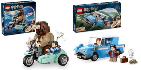 LEGO Harry Potter Hagrid & Harry’s Motorcycle Ride + Flying Ford Anglia Car Display Birthday Gift for Wizarding World Fans 76443 + 76424