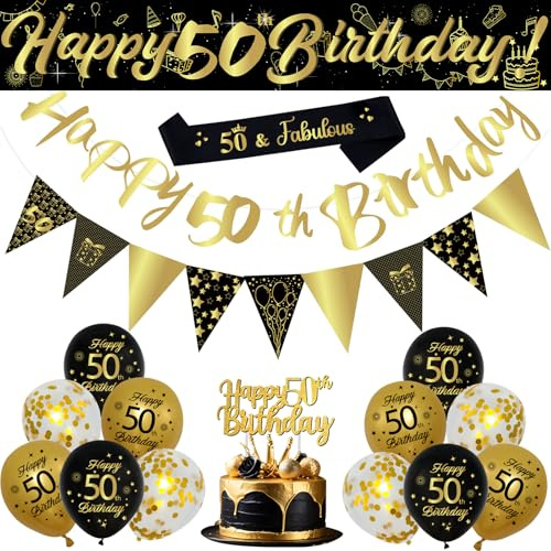 Decorazioni Compleanno 50° Anni Uomo Donna - 18 Pezzi Happy Birthday Decorazioni con Palloncini Neri Oro e Coriandoli, Topper Torta Decorazione, Festoni, Striscione per 50 Anni Compleanno