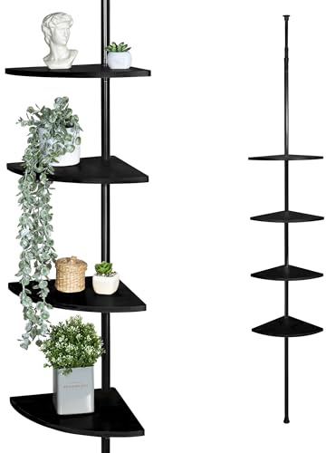 bremermann Teleskop-vägghylla med 4 hyllor av bambu, mångsidig användning i vardagsrum, hall, badrum, kontor eller kök – variabel installationshöjd från 140 till 290 cm (komplett svart)