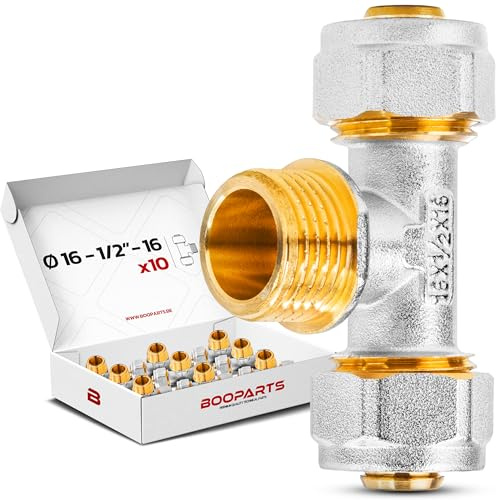 BOOPARTS – 10 piezas – Montaje multicapa de rosca Ø16-1/2M–16 | Tee macho roscada para mangueras multicapa PEX, PER y compuestos | Conexión fiable e impermeable
