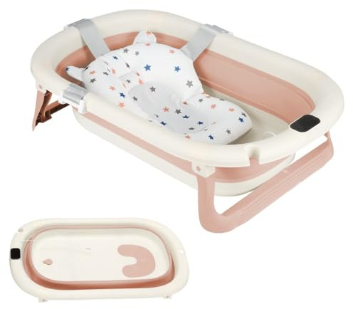 Bañera Niños Plegable XXL Con Hamaca De Baño Y Termómetro Integrado,Bañera Niño Con Asiento De Baño,Bañera Niños En Pie,Regalo De Nacimiento Niña O Niño