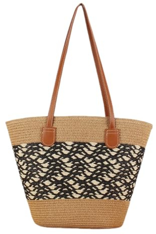 HSTWODE Strandtasche aus Stroh | Strohtaschen Damen | Geflochten Korbtasche Stroh | mit Reißverschluss und Leder Schultergurt für Strand Reise Einkauf