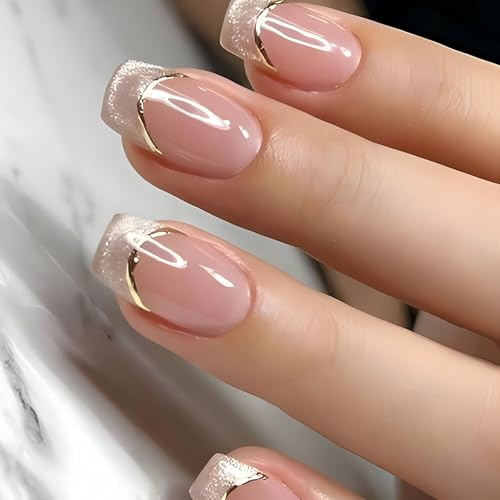 VelvetGlow Kurze Quadratische Press On Nails, Cat Eyes French Tip Ombre Fake NäGel Mit Goldenen Linien, GläNzendes Gel Acryl, Full Cover Kleber, Sommer Glitter Stick, 24 Pcs
