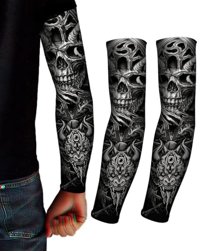 FUGLUS Lot de 2 manchettes de tatouage temporaires en faux nylon élastique avec protection UV pour bal masqué et carnaval,À enfiler pour adultes,Style motard,Gothique