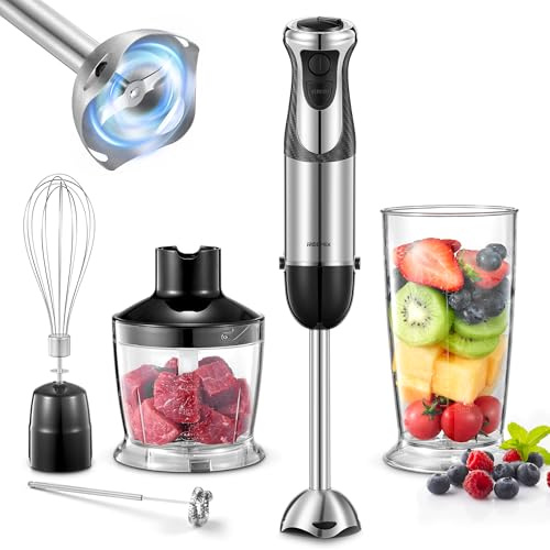 Pürierstab, 5-in-1 Stabmixer Edelstahl, 1000W Pürierstab mit 12 Geschwindigkeiten und Turbo-Modi, Inklusive Schneebesen, Milchschäumer, 500ml Lebensmittelhacker und 600ml Messbecher (Black2)