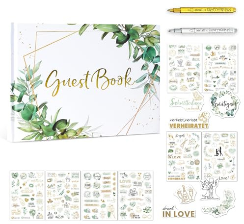 XQZMD Libro de visitas para boda, libro de visitas para bodas con 8 pegatinas + 2 lápices metálicos, 144 páginas de papel de alta calidad, libro de visitas para rellenar y pegar fotos, ideal para