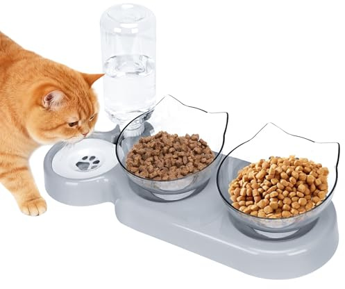 3 in 1 Raised Cat Bowls with Stand, 15° Tilted Cat Food and Water Bowl Set with Removable Water Bottle, Non-Slip Anti Vomiting Food Feeding Bowl for Indoor Cats, Small or Medium Sized Dog