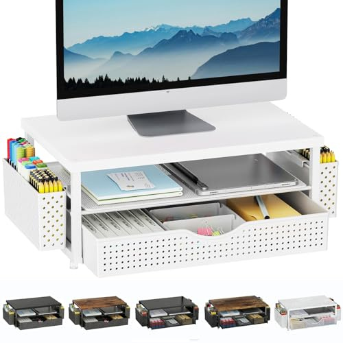 Monitorständer mit Schublade, Schreibtischorganizer und Zubehör, 2-stufiger Computer Monitor Erhöhung mit Schublade und 2 Stifthaltern, ergonomischer Desktop Ständer für Büro Zubehör (Holz Weiß)