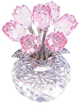 AUSTUFF Crystal Pink Rose Flower Figurine Ornaments, Glass Rose Bouquet Crystal Ornaments Gifts for Home Living Room Shelves Wedding Decorations (Pink)