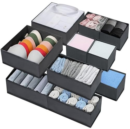 MZJAUVF 10Pezzi Organizer Armadio Scatola,Non Tessuto Organizer per Biancheria,Organizer per Cassetti Pieghevoli,Organizer Cassetti Armadio per t-Shirt,Calzini,Cravatte (Grigio)