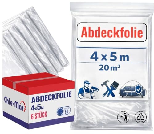 Chle-Mar 6 x Malerfolie Abdeckfolie 4x5m 20m² Transparent aus LDPE | Malerfolie für Möbel & Boden, Abdeckfolie Maler für Renovierung, Maler Zubehör zum Schutz vor Staub & Farbe