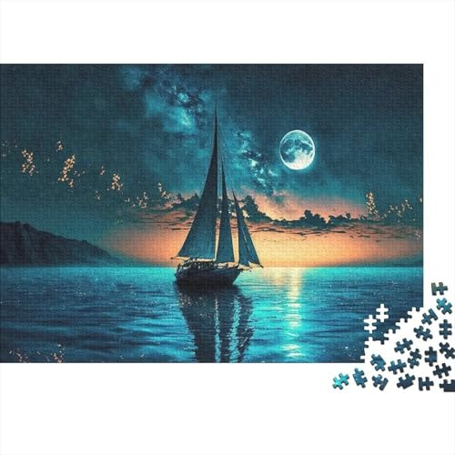 Velero con Luz de Luna Puzzle de 1000 Piezas Papel para Adultos Vista Mar Nocturna Juego de Puzzle 1000 Piezas Relajación Hogar 38x26cm/1000pcs