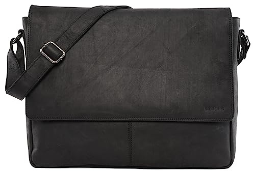 LEABAGS Bolso para Hombres y Mujeres | Bolsa de Portátil 15 | Cuero Genuino | Bolso Bandolera con Correa para el Hombro | Bolsa Mensajera | Bolsa de Trabajo | Bolsa de Maestro | Negro natural