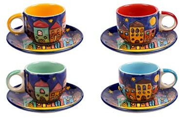 Set/4 Espressotasse mit Untertasse Mokkatasse Untersetzer Unterteller Tasse Kaffeetasse Teetasse Geschirr Set Keramik Bemalt Bunt Village Design