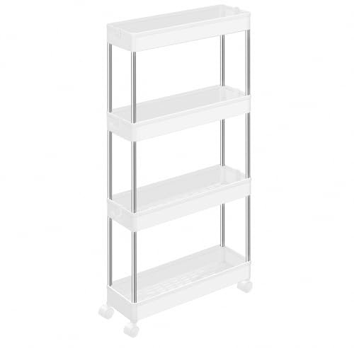 SONGMICS Rollwagen, Küchenwagen mit 4 Ebenen, Küchenregal, Nischenregal, mit 6 Haken, 360° drehbare Räder, Stahlgestell, Bad, Küche, Büro, weiß KSC08WT