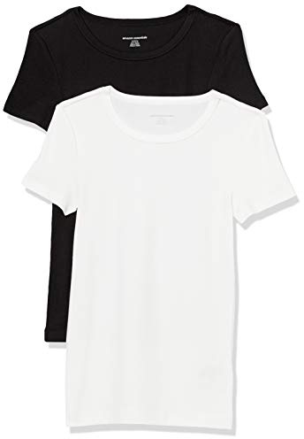 Amazon Essentials T-Shirt Col Rond à Manches Courtes Coupe Ajustée Femme, Lot de 2, Noir/Blanc, M