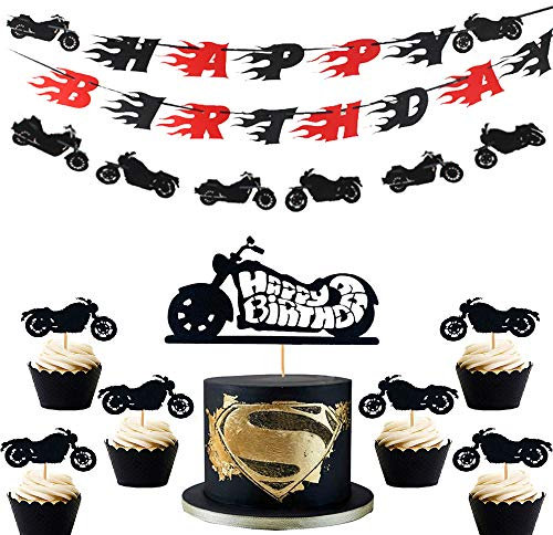 JeVenis Motorrad Geburtstagsbanner Motorrad Geburtstagsdekoration Scooter Cake Toppers Geburtstagsdekoration zum Geburtstag von Männern oder Jungen
