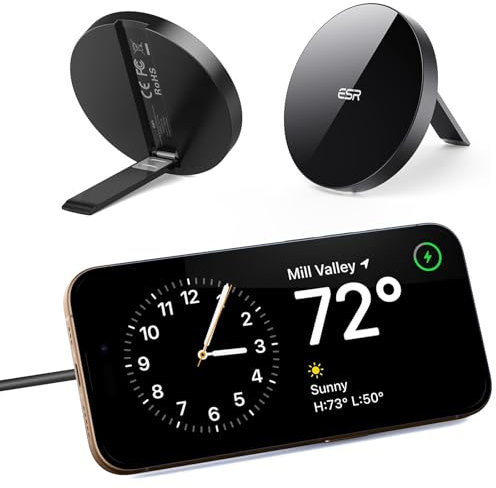 ESR Chargeur Induction sans Fil HaloLock avec Béquille Compatible avec MagSafe, iPhone 15/15 Plus/15 Pro/15 Pro Max et iPhone 14/13/12 Series, Câble de 1,5 m Débranchable, Noir