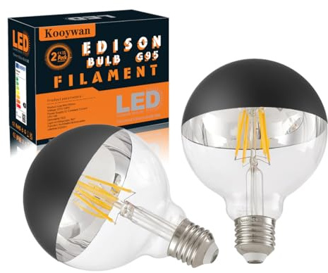KOOYWAN 6W G95 E27 LED Kopfspiegel Lampe Schwarz Dimmbar 2700K 2 Stück | Schwarze Halbchrom-Beschichtung für blendfreies Licht. Schafft Retro-Atmosphäre für Schlafzimmer, Café und Restaurant.