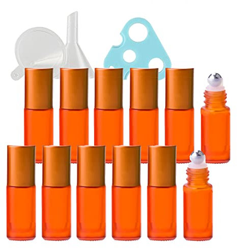 TIANZD 12 Stück Leere 5ml Matt Orange Glas Roller Flaschen mit Alu Schraubverschluss, Roll-On Glasflaschen mit Glasroller für Ätherische Öle Essential Oil mit Trichter Öffner