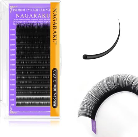 NAGARAKU Pestañas Pelo a Pelo Clásicas 0.20mm C 7-15mm Negro Mate 16 Filas | Alta Densidad, Base Limpia Sin Residuos Fibras Suaves Y Ligeras Sin Pegarse Aplicación Precisa Para Naturales O Voluminosos
