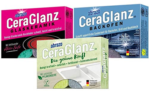 abrazo CeraGlanz Set | 2 Ceranfeldreiniger + 2 Backofenreiniger + 2 nachhaltige Spülschwämme | verseifter Küchenschwamm für Glaskeramik & Backofen