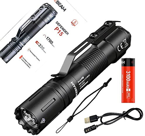 ACEBEAM P15 Defender Switchable EDC Tactical Flashlight Black - 1700 Lumens w/ 18650 Battery and Eco Sensa Charging cable included, (Acebeam-p15-blk)