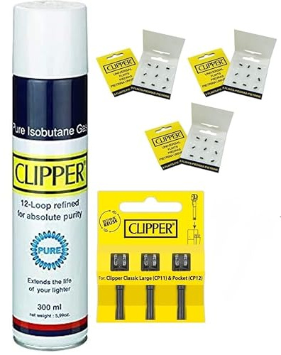 Clipper Gas Gelb White Pure 100ml 250ml 300ml 1er/2er/6erSet Isobutane Universal Flintsystem Feuersteine (7, Gas300ml/3Flints/3Feuerstein)