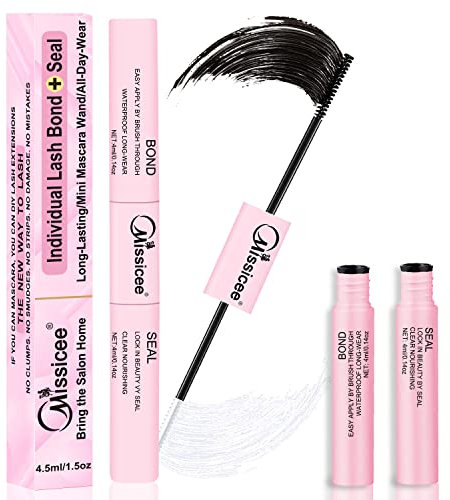 Missicee Bond and Seal Lash Glue 2 in 1 for DIY Cluster Lashes, Eyelash Bond and Seal Super Strong Hold 72 Hours, Latex Free, Waterproof, Mascara Wand Lash Glue for Sensitive Eyes, 1.0 count